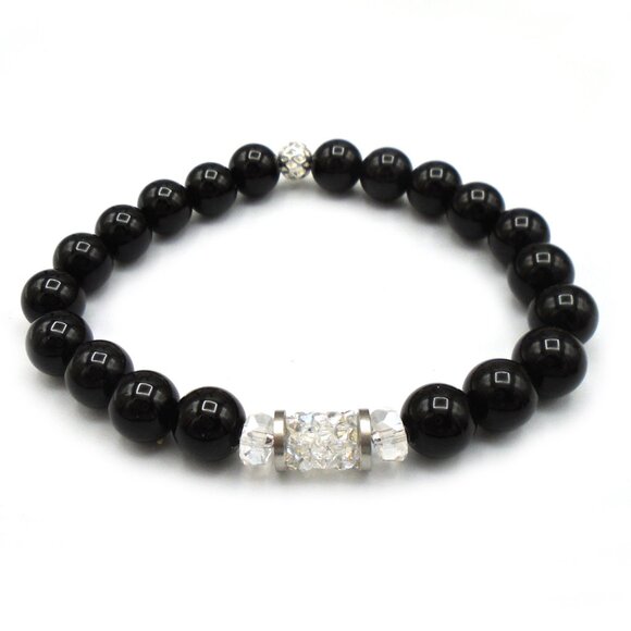 NWT ~ BLACK ONYX and ROCK CRYSTALS Stretch Bracelet - Picture 1 of 5